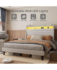 gaomon Led Bed Frame with Charging Station, Wooden Platform Upholstered Headboard and Slat Support, No Noise, Box