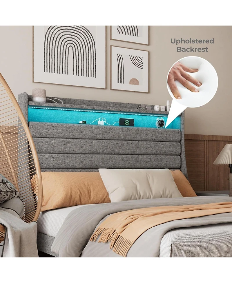 gaomon Led Bed Frame with Charging Station, Wooden Platform Upholstered Headboard and Slat Support, No Noise
