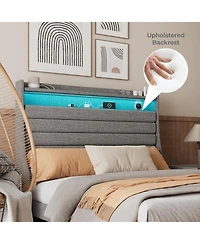 gaomon Led Bed Frame with Charging Station, Wooden Platform Upholstered Headboard and Slat Support, No Noise