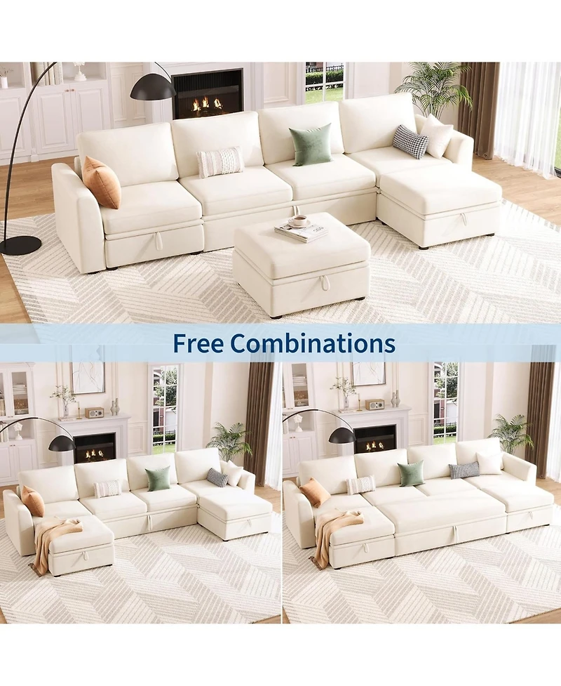 gaomon Sectional Sleeper Sofa with Pull Out Bed, Chenille Modular Sectional Couch with Pull Out Couch and Storage Seat & 2 Ottomans