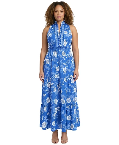 London Times Plus Ruffle Neck Printed Maxi Dress