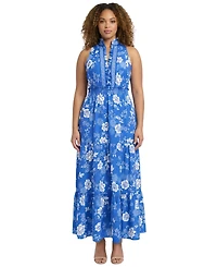 London Times Plus Ruffle Neck Printed Maxi Dress