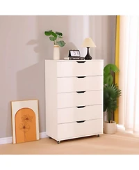 Flynama Modern 5 Drawer Dresser Wood Fabric Drawers Cabinet with Rattan Details