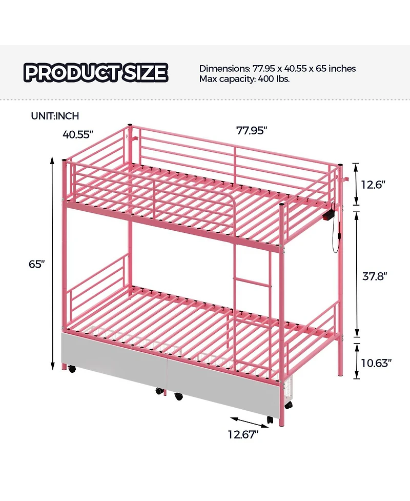 Streamdale Furniture Metal Bunk Bed w/Usb, Split, Storage