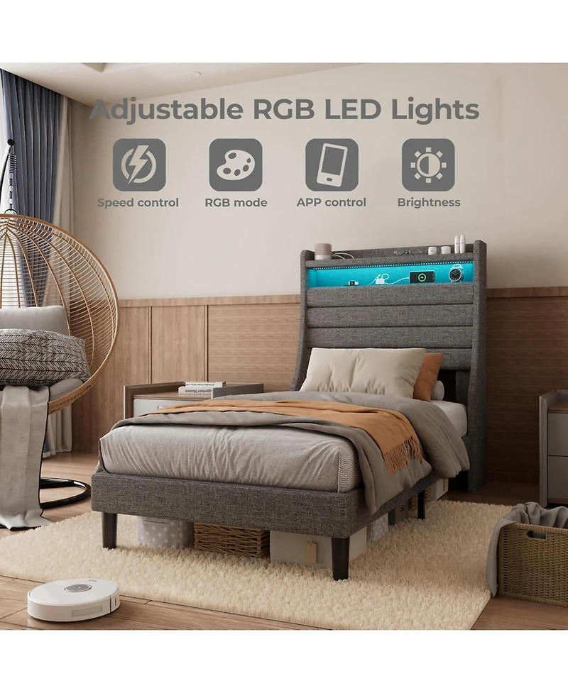 gaomon Led Bed Frame with Charging Station, Wooden Platform Upholstered Headboard and Slat Support, No Noise, Box