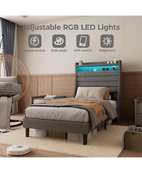 gaomon Led Bed Frame with Charging Station, Wooden Platform Upholstered Headboard and Slat Support, No Noise, Box