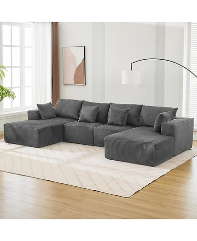 gaomon 137" Modular Sectional Sofa, Cloud Foam Sectional Couch with U-Shape Chaise/Throw Pillows/Plush Corduroy Fabric, No Assembly Required