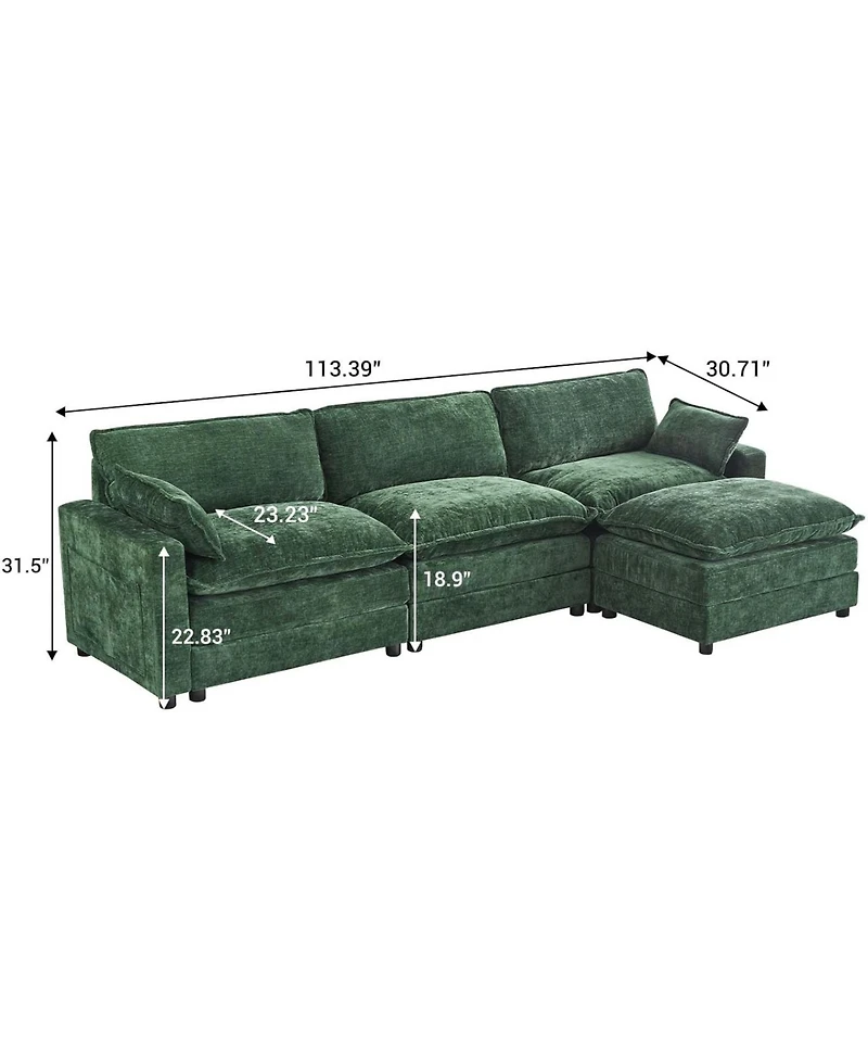 gaomon Chenille Modular Combo Sofa, Modern 3-Seater L-Shaped Sofa with Ottoman, 2 Cushions, Side Pockets