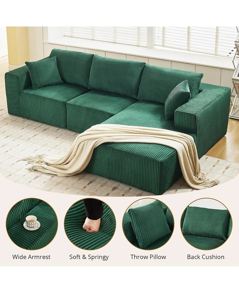 gaomon 108" modular sectional with cloud foam, L shape chaise, corduroy fabric, throw pillows, no assembly, comfy and space saving design.