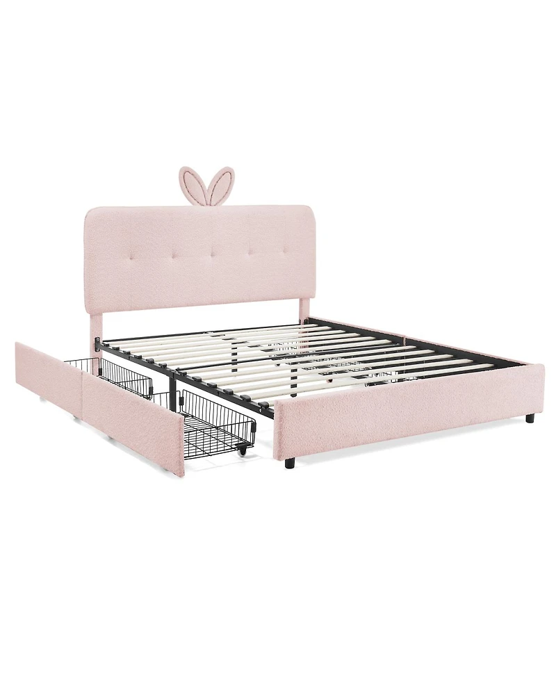 Streamdale Furniture Kids Upholstered Bed w/ Rabbit Headboard, Led and Drawers