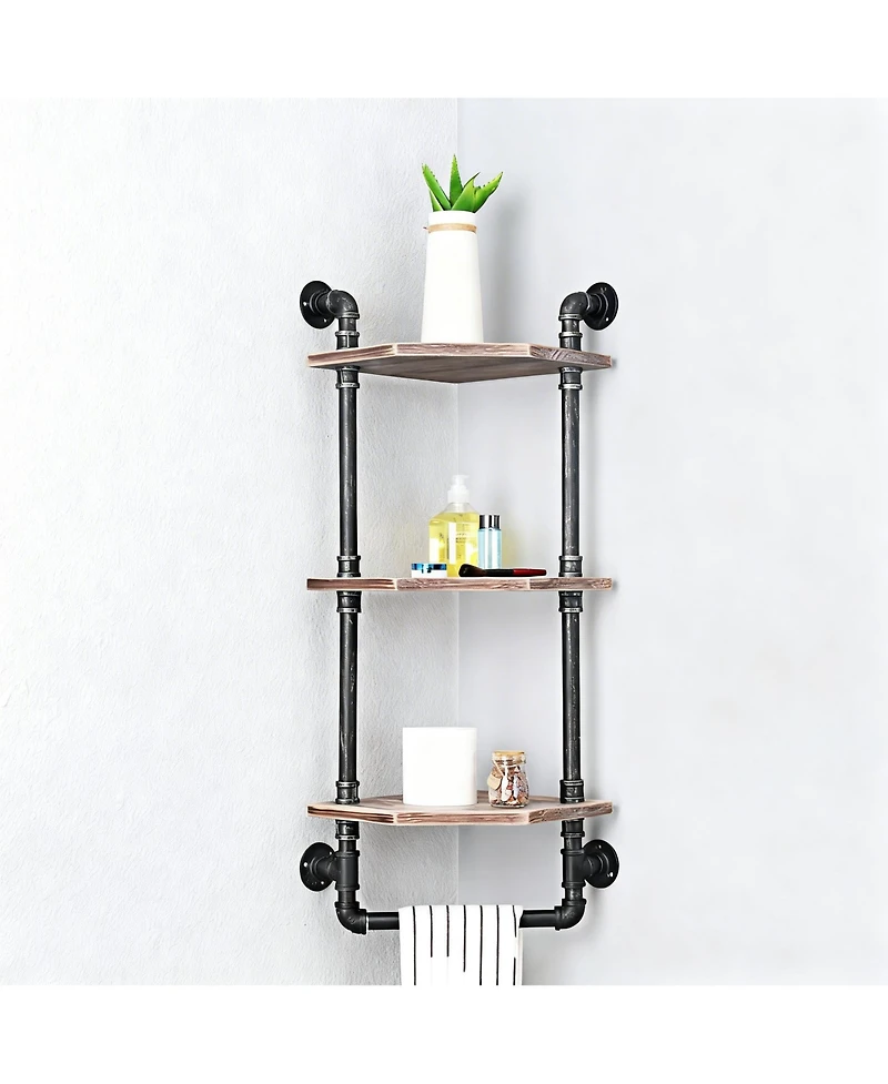 Yigi Industrial Pipe Shelf Rustic Corner Metal Wood Bathroom Wall Mounted Towel Bar