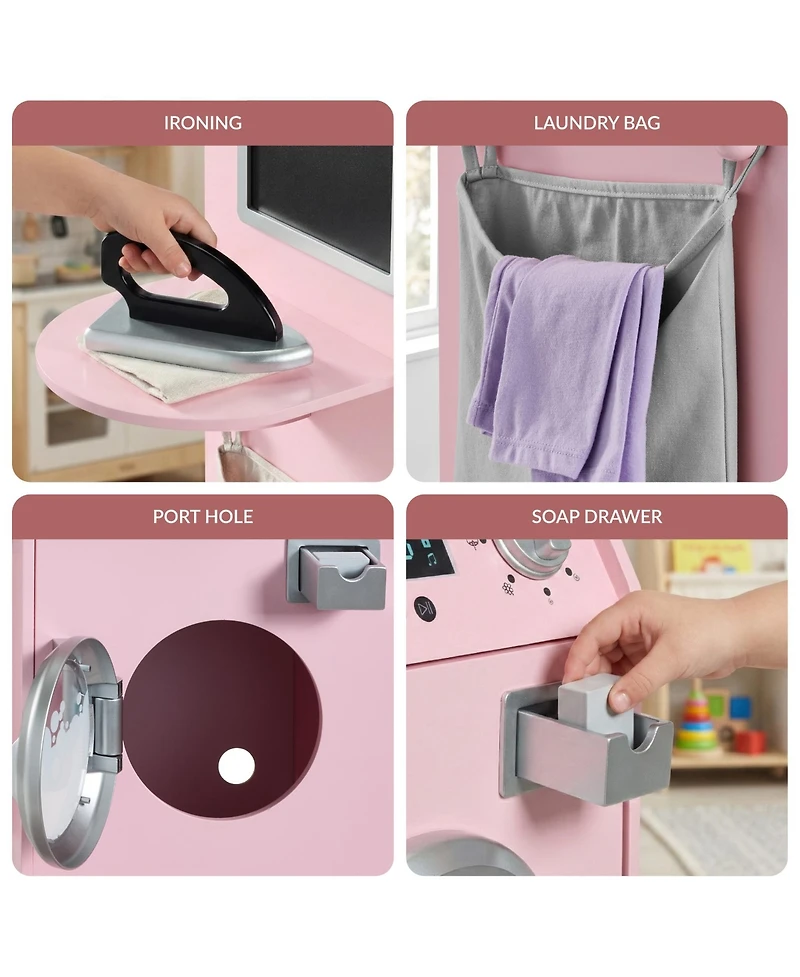 Best Choice Products Pretend Play Kids Wooden Stacked Washer and Dryer Set w/ Toy Laundry Storage Accessories