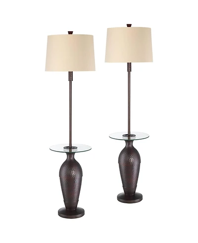 Regency Hill Fallon Rustic Industrial Floor Lamps with Tray Table 66" Tall Set of 2 Bronze Hammered Usb and Outlet Oatmeal Shade