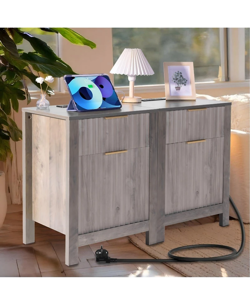 Gouun 2-Pc. Farmhouse Wood End Table Set with Charging Station and Drawers