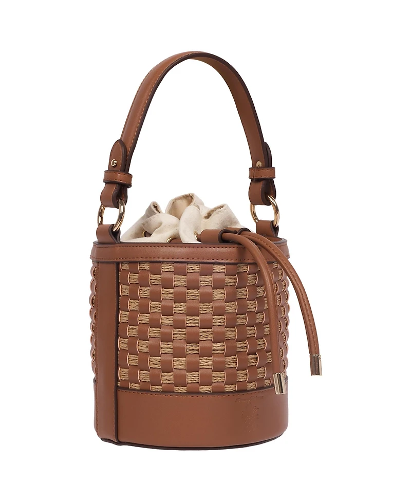 Tommy Bahama Raffia and Woven Drawstring Bucket Bag - Convertible Top Handle and Crossbody