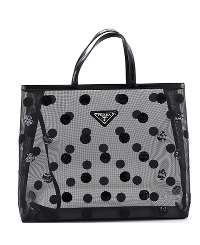Pre-Owned Prada Large Logo Open Tote Polka Dot Sequined Mesh