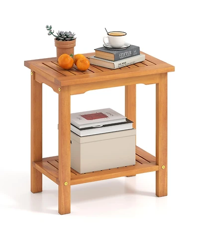 Gymax Outdoor Acacia Wood Side Table 2-Tier Patio End Table w/ Slatted Tabletop