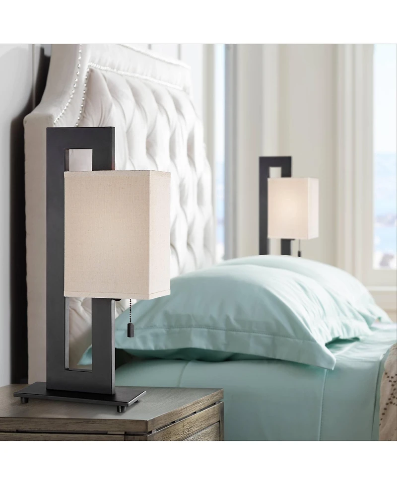 360 Lighting Modern Accent Table Lamps " High Set of 2 Bronze Metal Open Rectangular Oatmeal Box Shade for Living Room Family