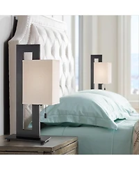 360 Lighting Modern Accent Table Lamps " High Set of 2 Bronze Metal Open Rectangular Oatmeal Box Shade for Living Room Family