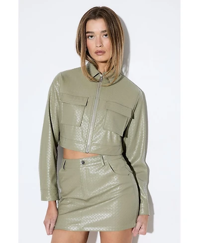 MissPap Women's Woven Detail Faux Leather Jacket