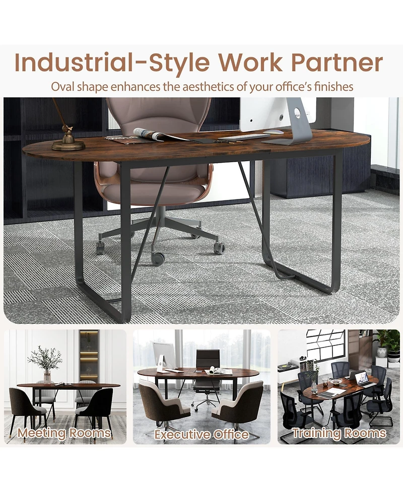 Sugift Executive Table Oval Home Office Table with Cable Management Hole-Rustic Brown