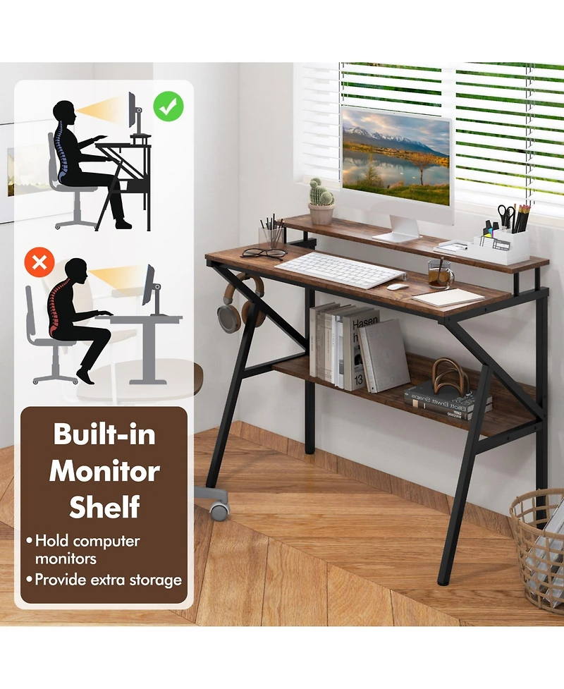 Sugift Space Saving Computer Desk with Monitor Stand and Extra Storage Shelf for Work Study-Rustic Brown
