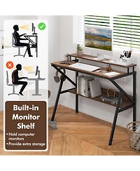 Sugift Space Saving Computer Desk with Monitor Stand and Extra Storage Shelf for Work Study-Rustic Brown
