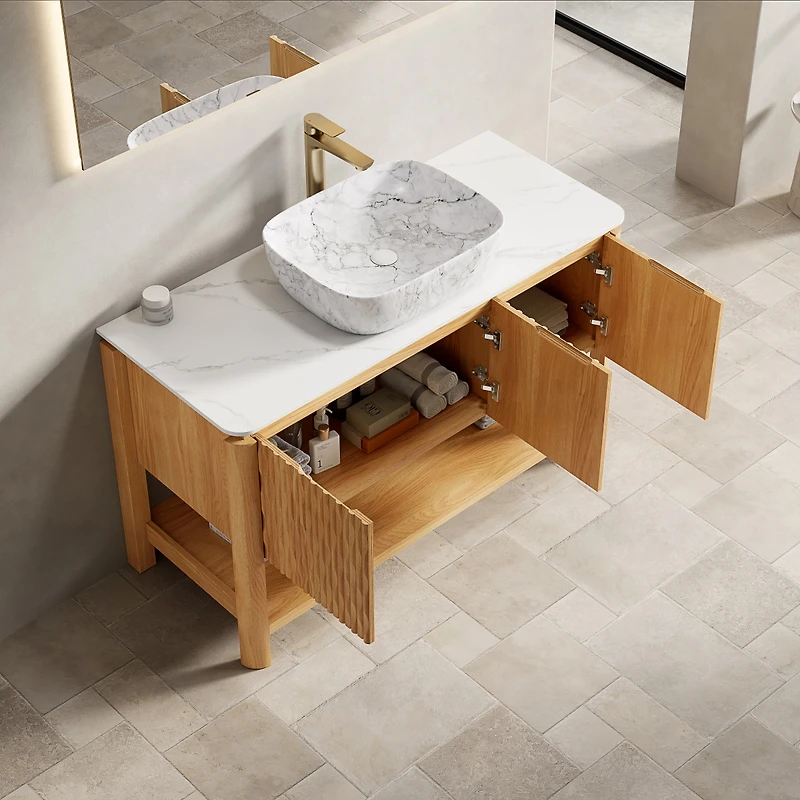 Sillysis Modern Bathroom Vanity with Fluted Solid Wood Doors, Carrara Sintered Stone Top