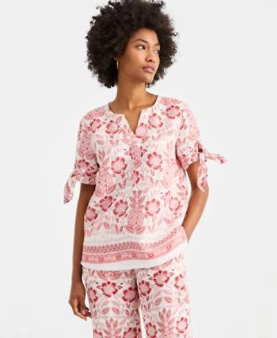 Charter Club Womens 100 Linen Split Neck Tie Cuff Top Created For Macys