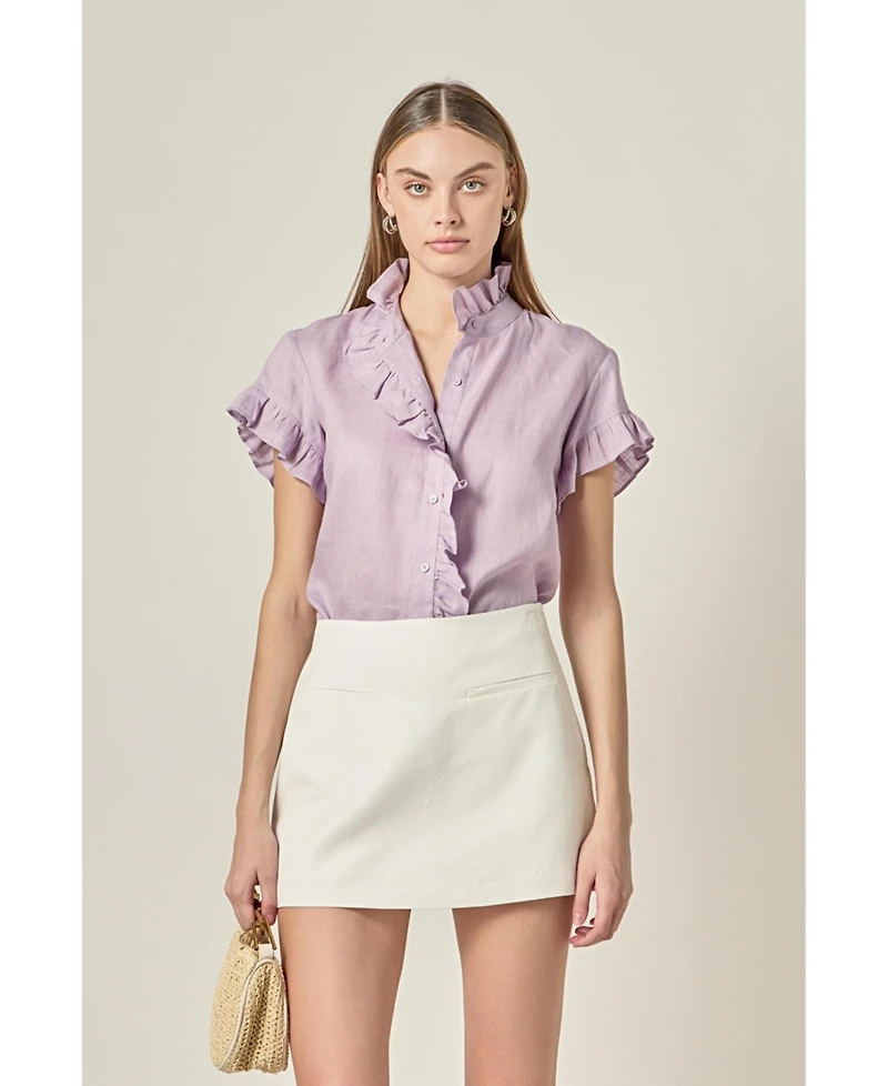 English Factory Women's Linen Ruffle Shirt