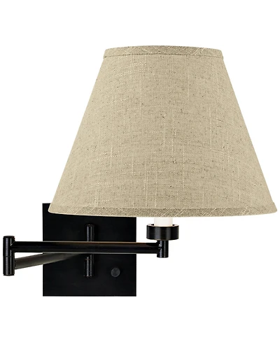 Franklin Iron Works Modern Swing Arm Wall Lamp Espresso Plug-In Light Fixture Fine Burlap Empire Shade for Bedroom Bedside Reading