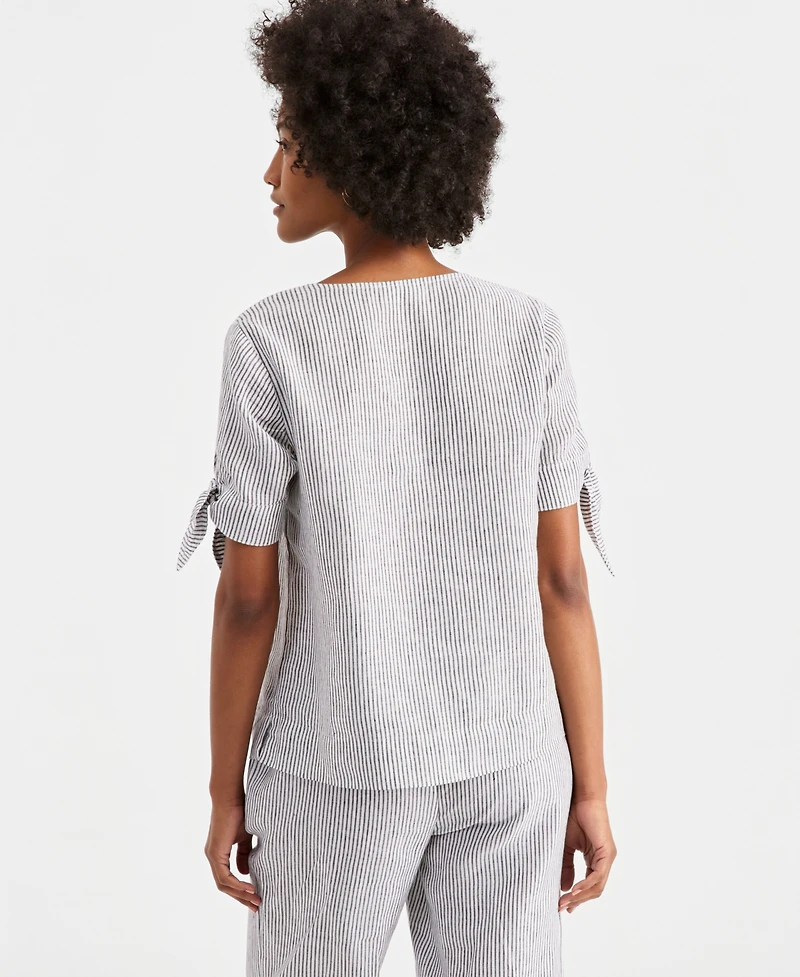 Charter Club Women's 100% Linen Split-Neck Tie-Cuff Top, Created for Macy's