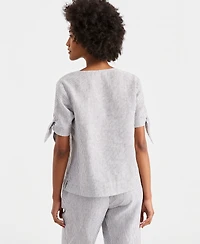 Charter Club Women's 100% Linen Split-Neck Tie-Cuff Top, Created for Macy's