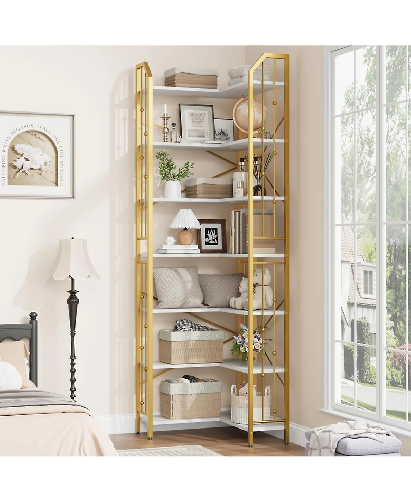 gaomon 86" Tall 7-Tier Industrial L-Shaped Corner Bookshelf