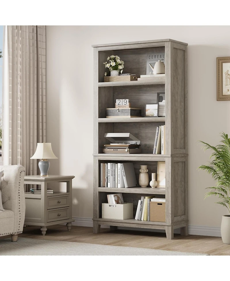 gaomon 71" Tall 5-Tier Farmhouse Wooden Bookcase with Adjustable Shelves, 31.5" Wide