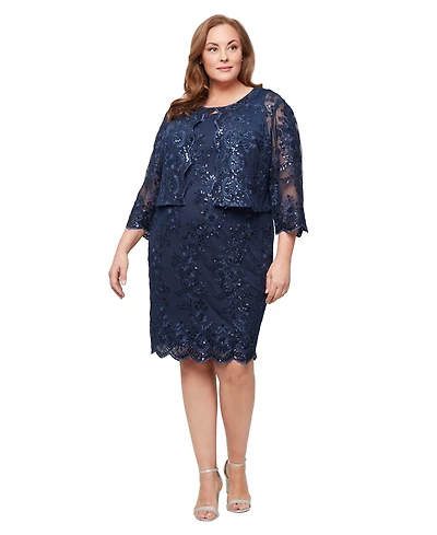 Alex Evenings Plus 3/4-Length Sleeve Jacket and Midi Dress, 2-Piece Set