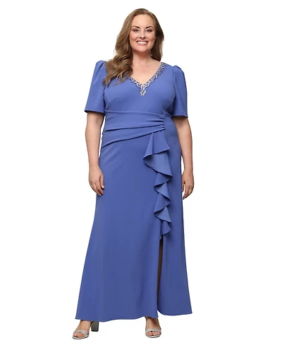 Alex Evenings Plus V-Neck Short-Sleeve Ball Gown