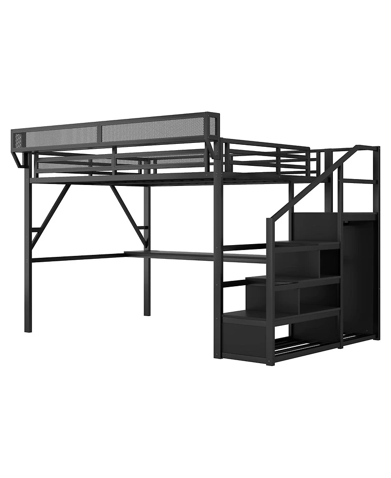 Streamdale Furniture Queen Metal Loft Bed with Desk, Stairs and Charging Station