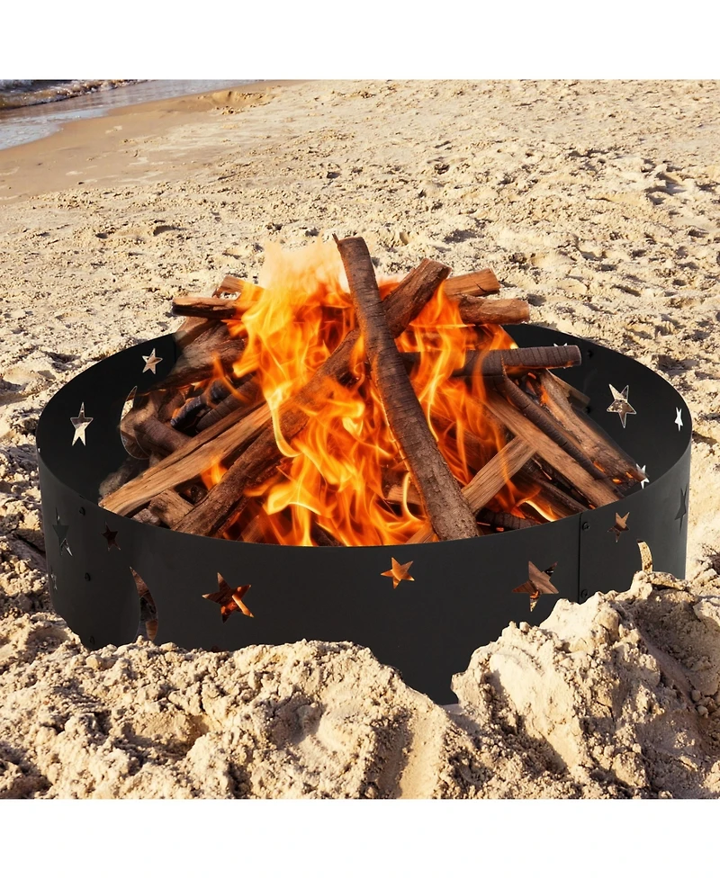 Outdoor Heavy-Duty Steel Portable Fire Pit Ring with Die-Cut Stars and Moons - 36" - Black