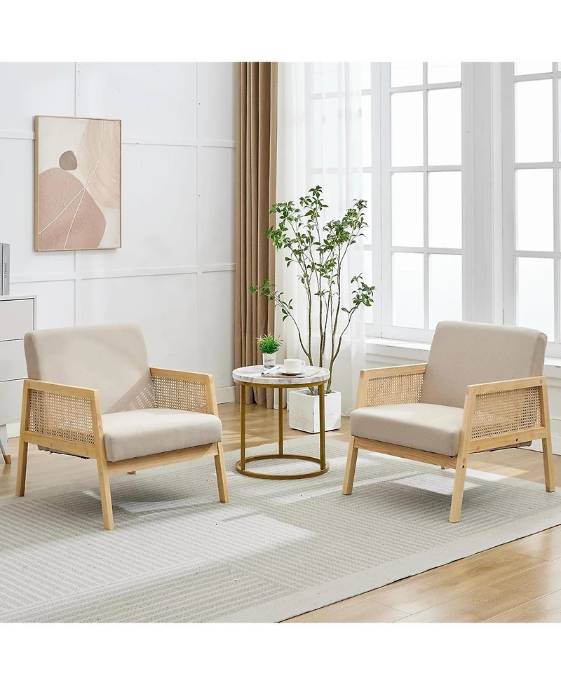 gaomon Wood Accent Armchair with Rattan Backrest and Linen Cushion