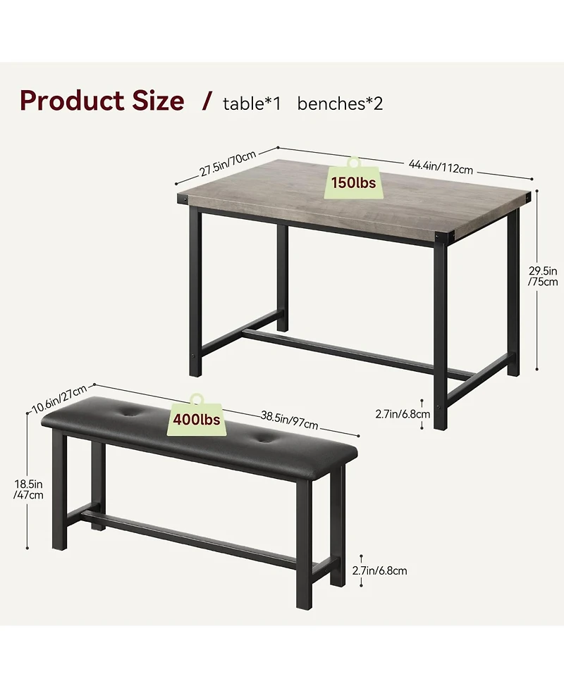 gaomon 3Pcs Dining Table Set, Kitchen Table and Benches for 4, Rectangular Dining Room Table Set with 2 Upholstered Benches, Dining Table Set