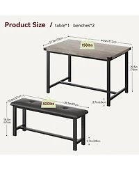 gaomon 3Pcs Dining Table Set, Kitchen Table and Benches for 4, Rectangular Dining Room Table Set with 2 Upholstered Benches, Dining Table Set
