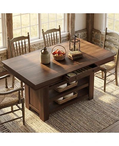 gaomon Counter Height Dining Table with 2 Drawers, 36" Farmhouse Wooden Large Bar Kitchen Table with Wine Rack and 3 Shelves, Rectangular, Thick Frame
