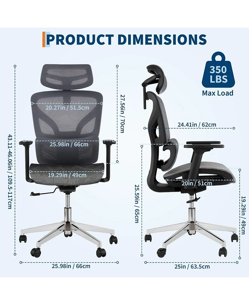 gaomon 1-Piece Mesh Ergonomic High-Back Office Chair with 3D Adjustable Armrests and Smooth-Rolling Wheels