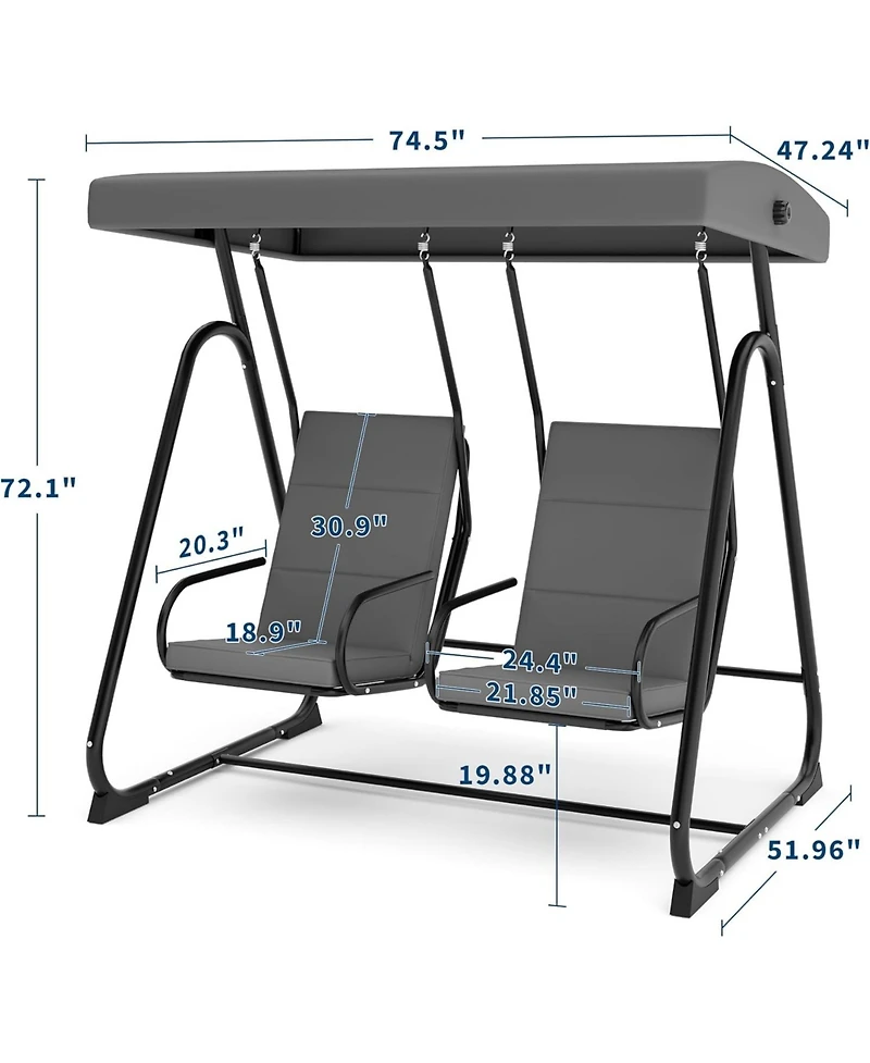gaomon 2-Seat Patio Swing Chair- Adjustable Canopy 440lbs Alloy Steel Frame
