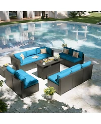 Aoxun 12-Piece Outdoor Wicker Patio Conversation Set with 44" Propane Fire Pit Table and Cushions