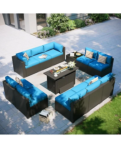 Aoxun 12-Piece Outdoor Wicker Patio Conversation Set with 44" Propane Fire Pit Table and Cushions