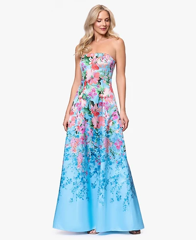 Betsy & Adam Petite Printed Strapless Ball Gown