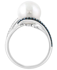 Effy Collection Freshwater Pearl (10mm), White Diamond (1/10 ct. t.w.) & Blue Diamond (1/8 ct. t.w.) Ring in 14k White Gold