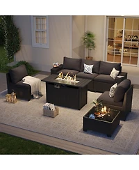 Aoxun 7-Piece Wicker Outdoor Sectional Sofa Set with Black Cushions with 44" Propane Fire Pit Table